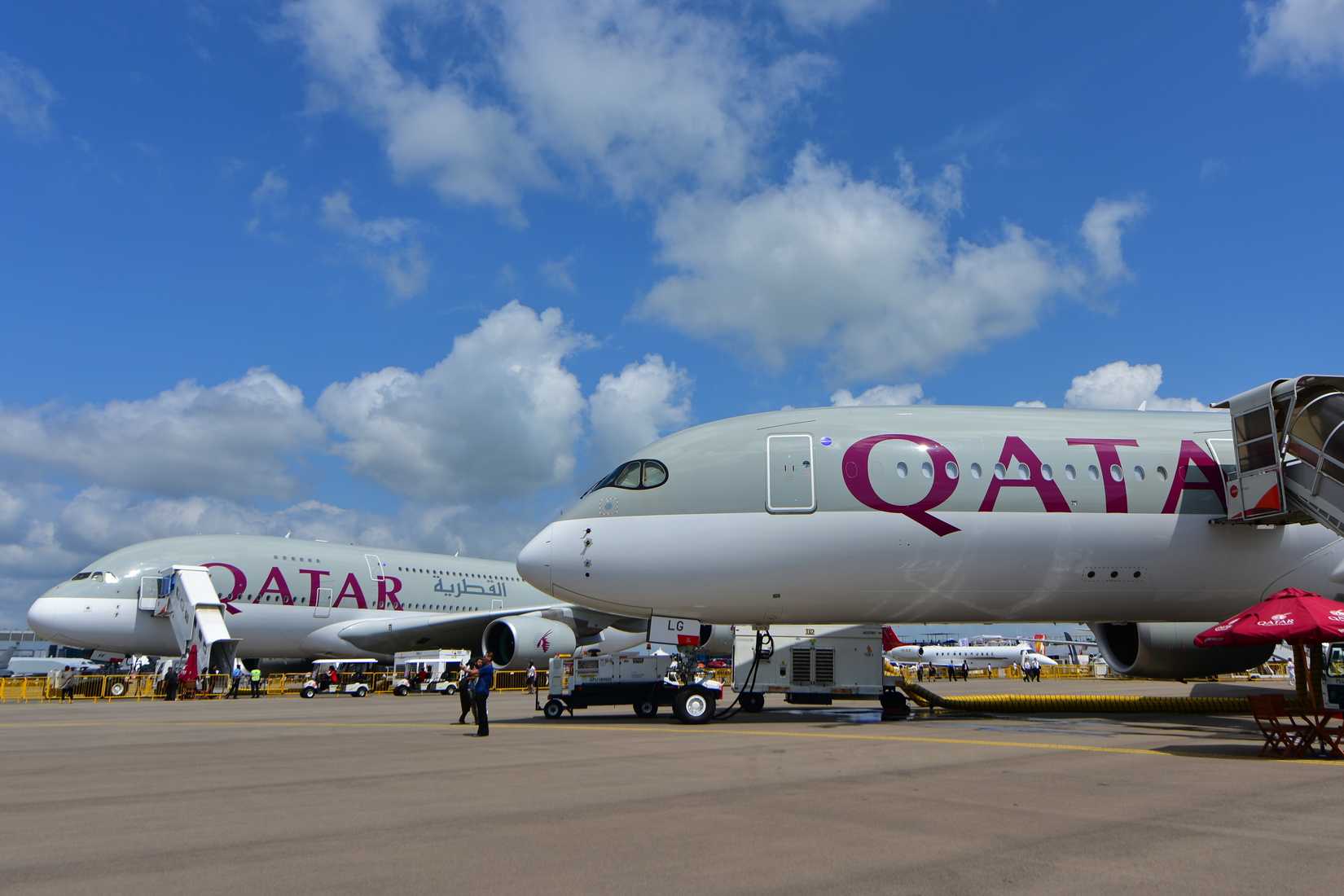 A Qatar Airways Airbus A380 and A350-900XWB on display at the Singapore Air Show.
