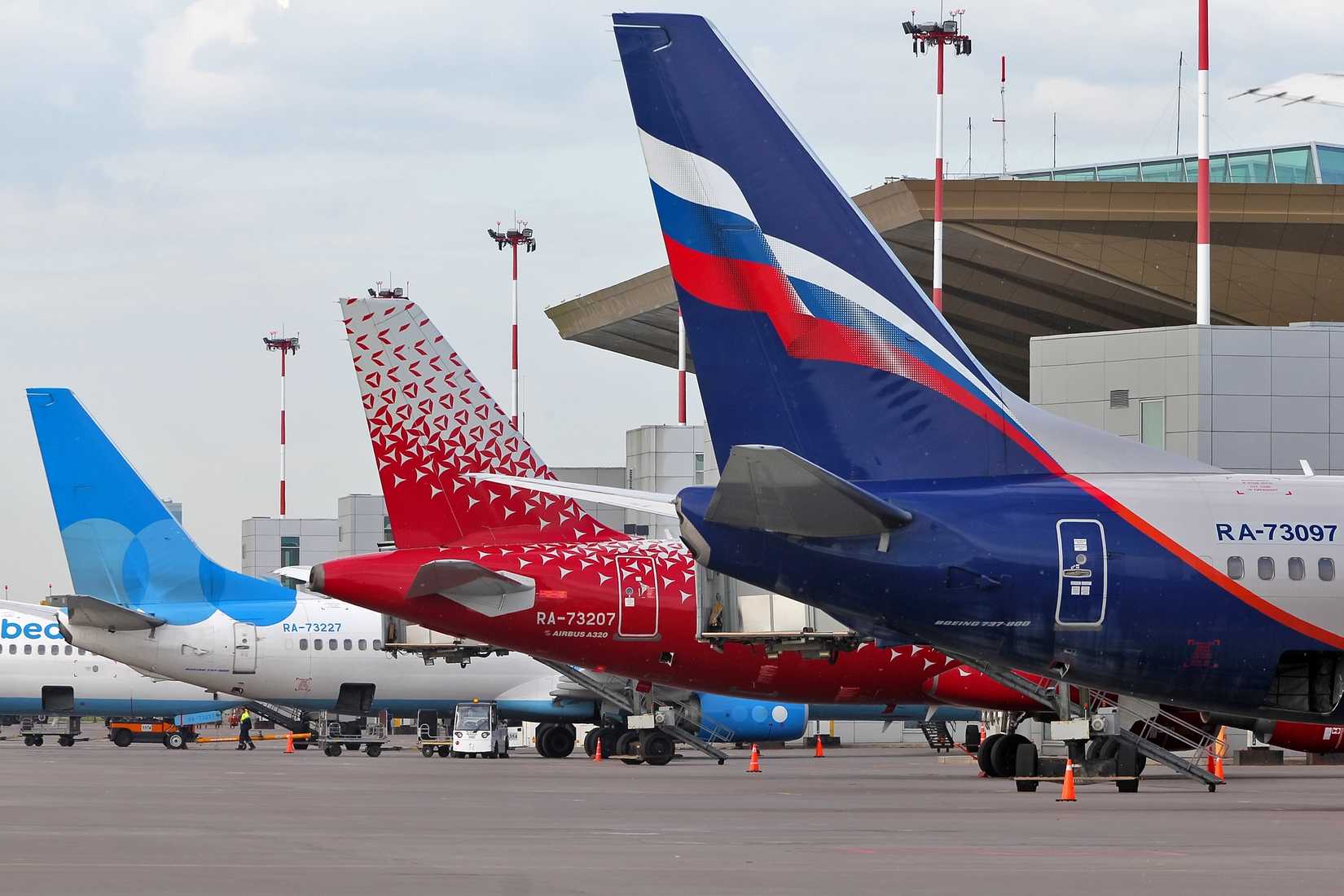Aeroflot, Pobeda, and Rossiya Airlines aircraft at Pulkovo Airport LED