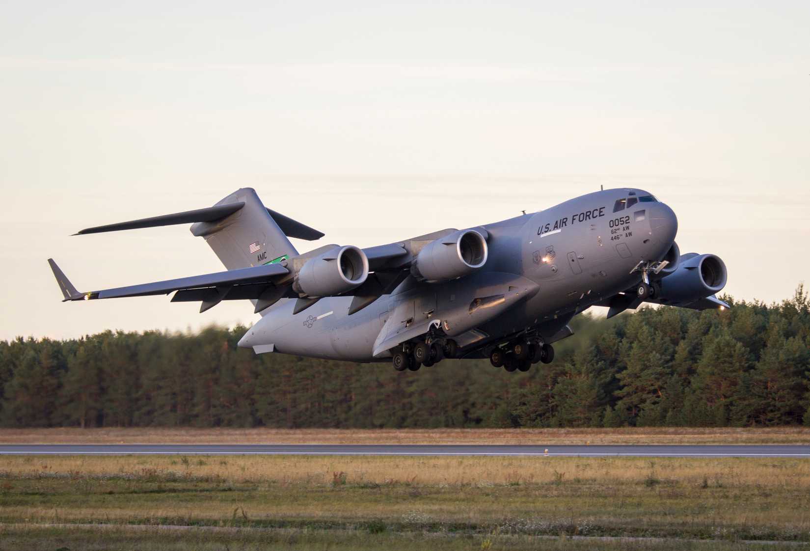 A Boeing C-17 Globemaster taking off.