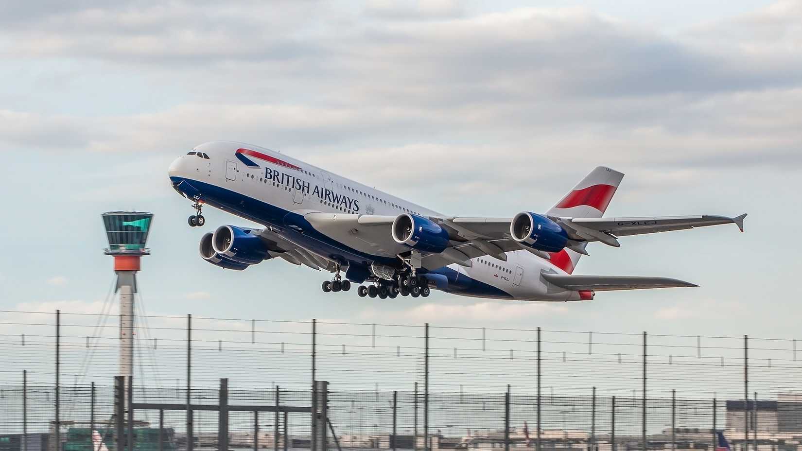 A British Airways Airbus A380 departing London Heathrow Airport.