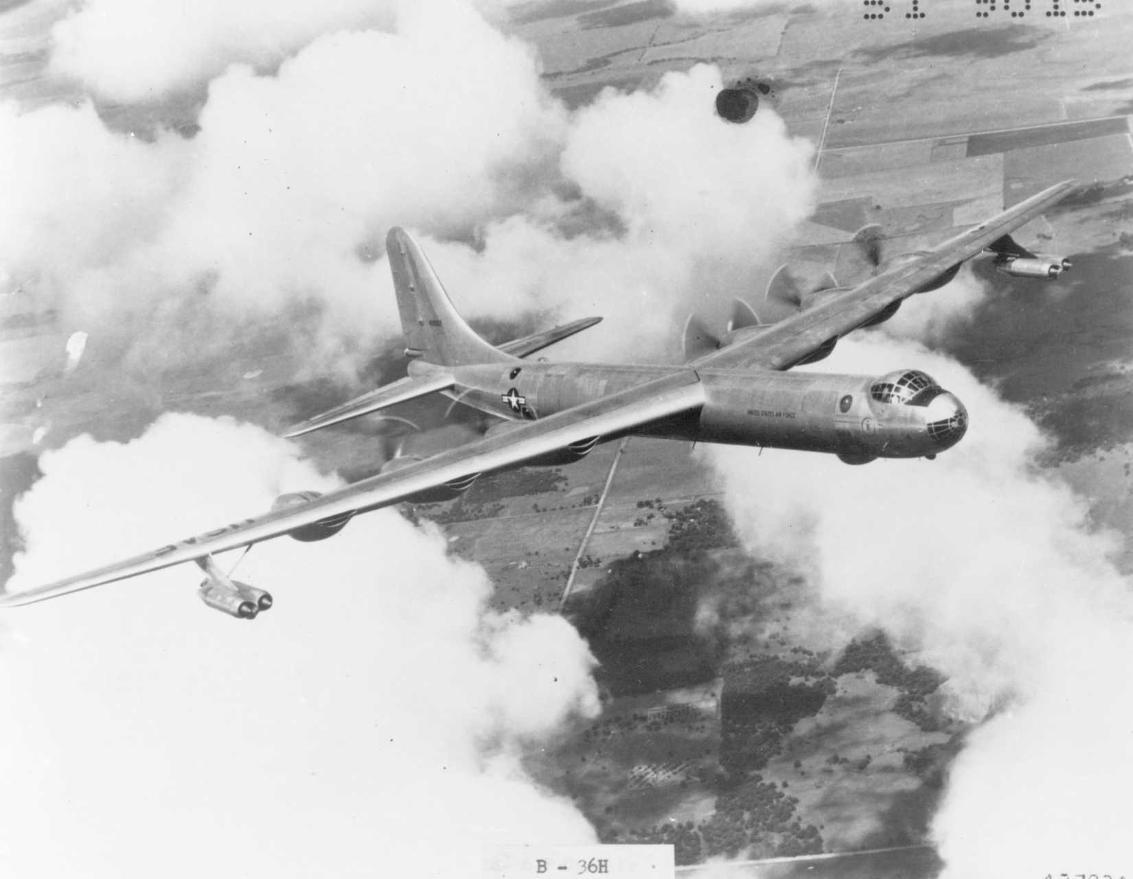 A Convair B-36 Peacemaker flying in the sky.