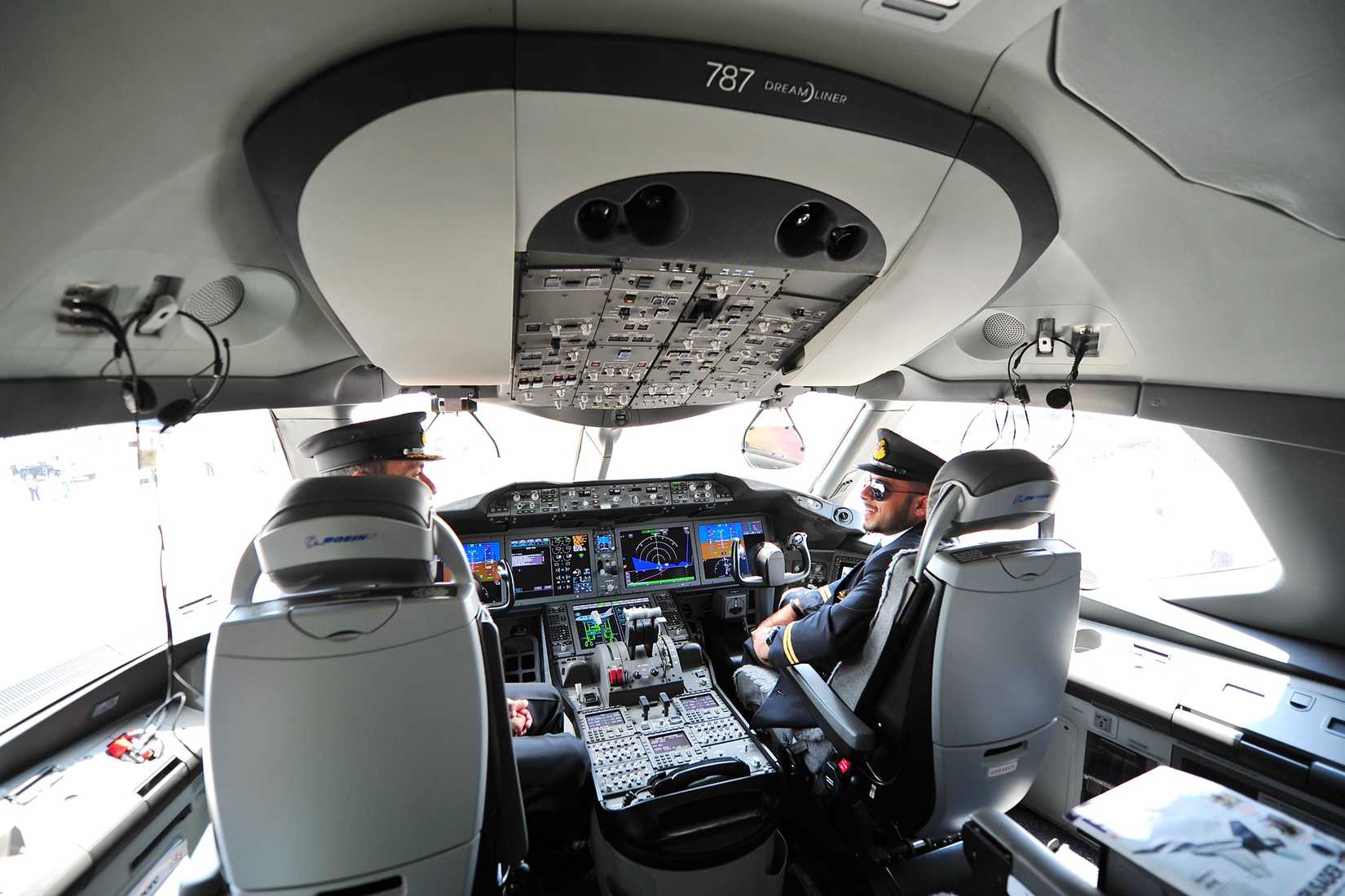 Pilots inside the cockpit of a Qatar Airways Boeing 787-8.