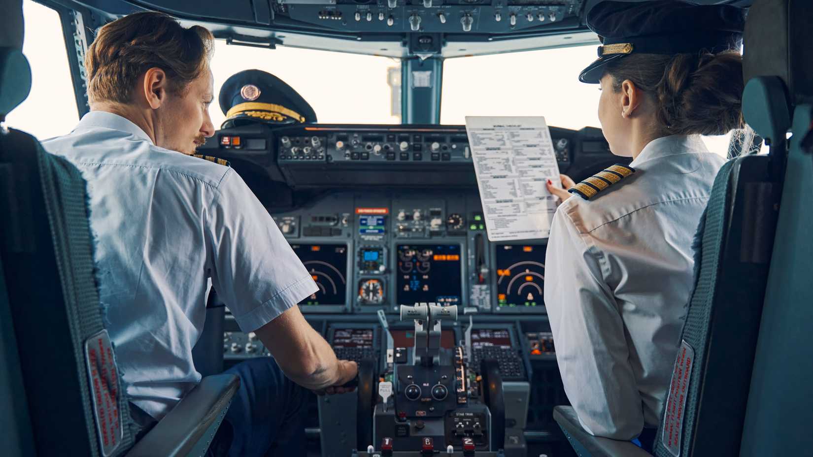 Two Pilots in the cockpit of a commercial airliner