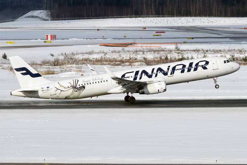 Finnair Airbus A321 With Christmas Livery Taking Off.