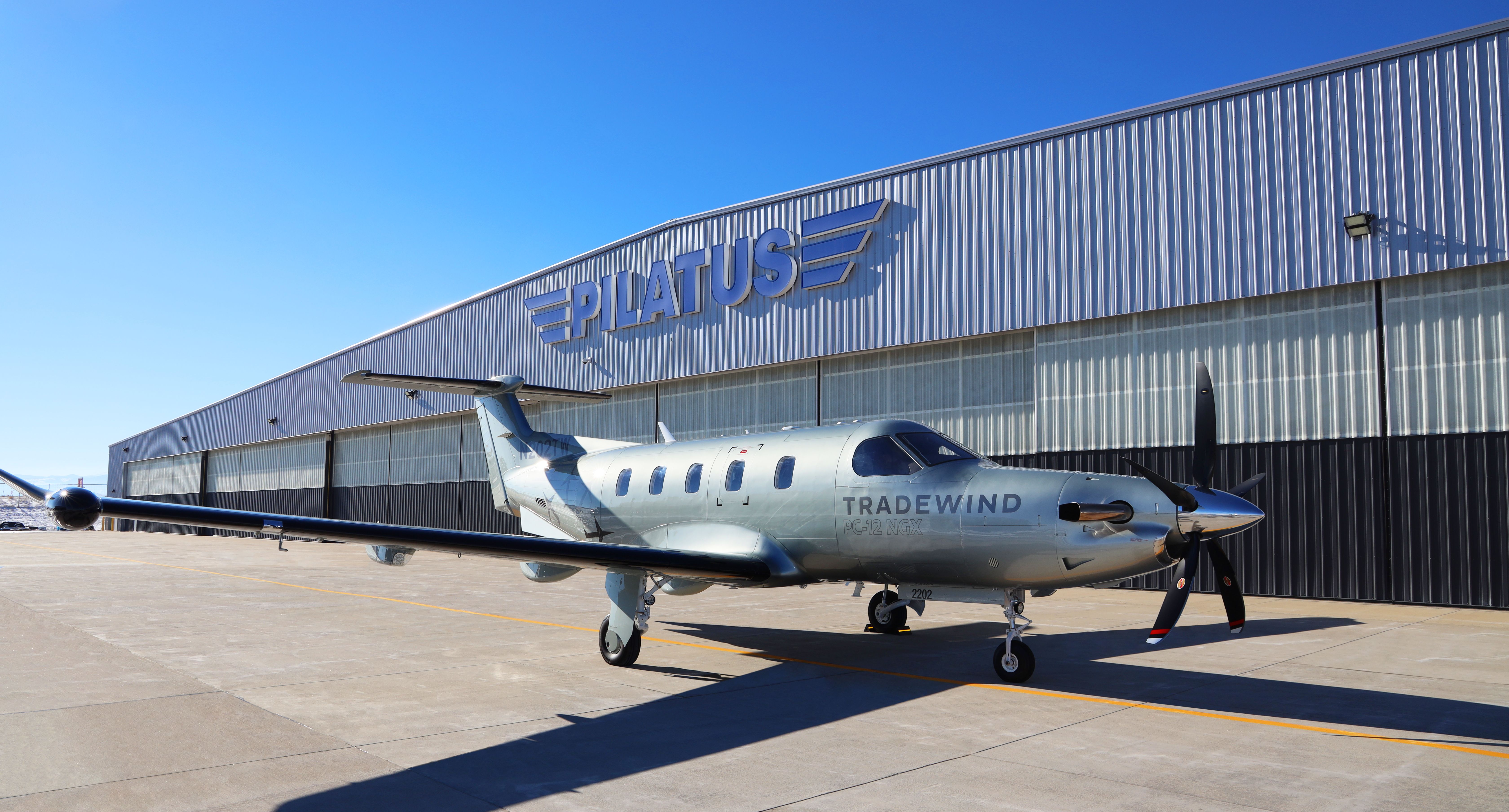 A Pilatus PC-12 NGX parked outside of the Pilatus manufacturing facility.