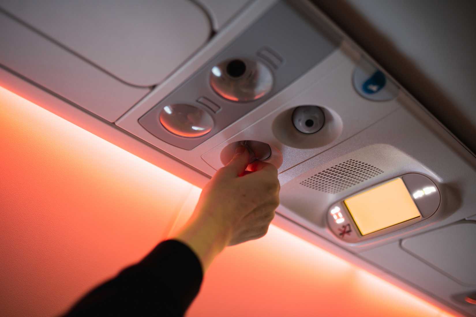 Control buttons on the personal panel in the ceiling of the airliner - light, steward call button and fan