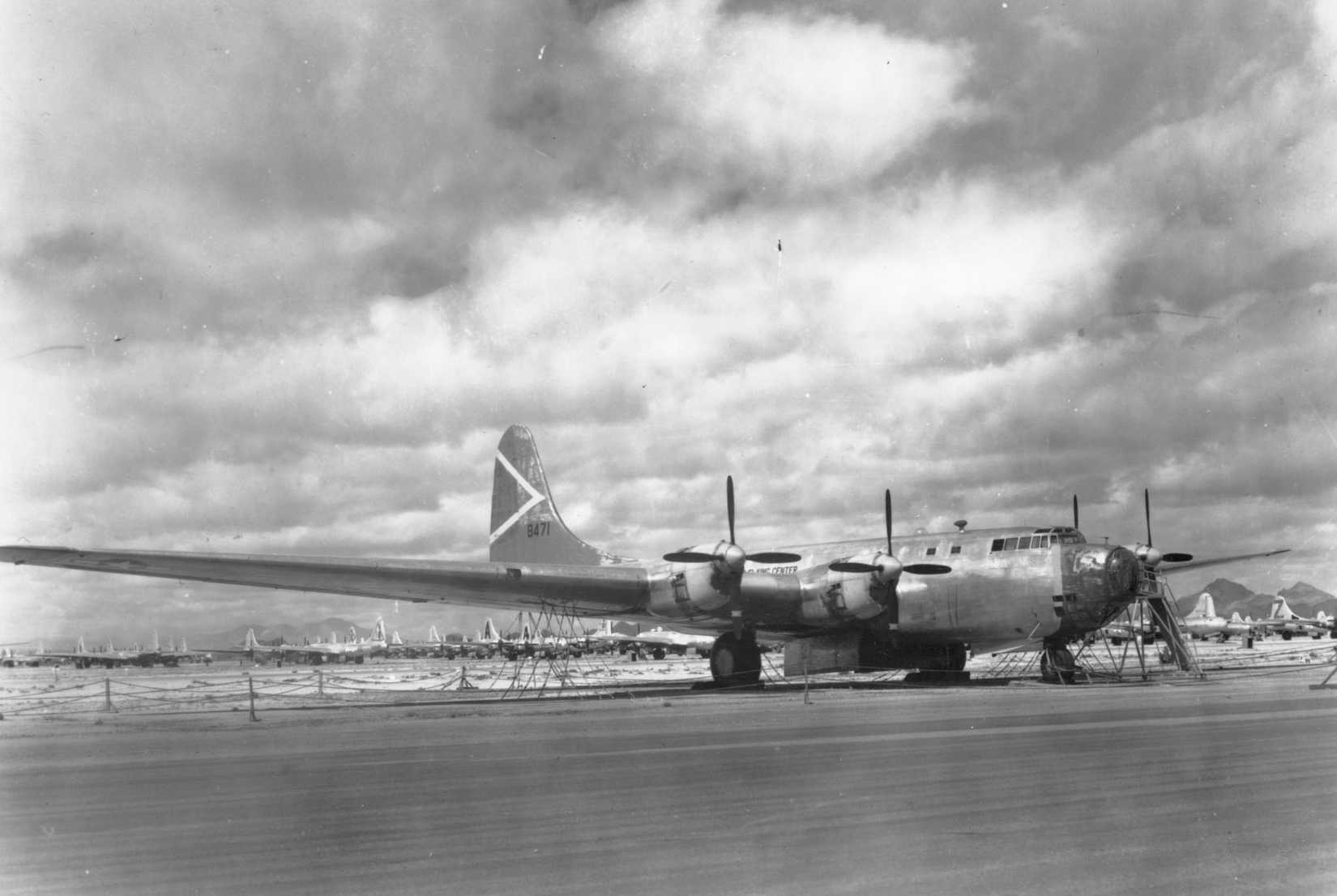 A black and white photo of an XB-19 on an airfield.