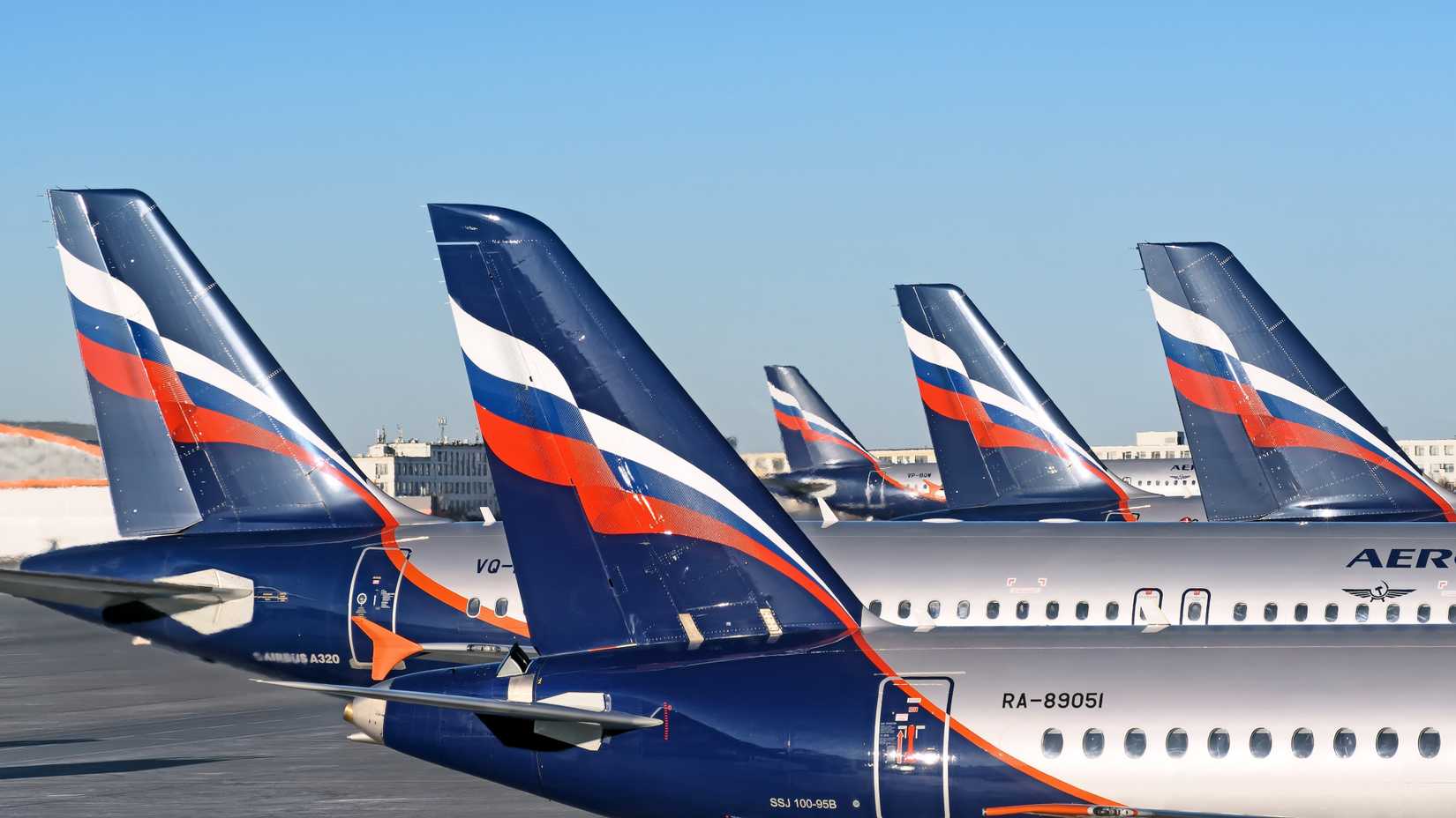 Aeroflot aircraft parked at the gates at a Moscow airport