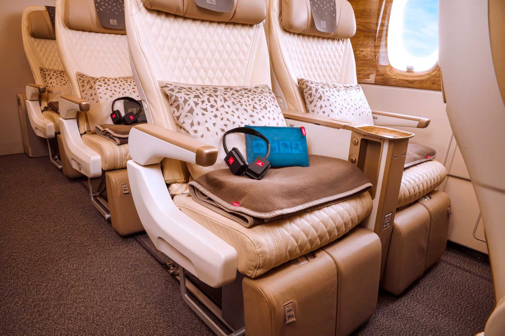 A premium economy class cabin on the Emirates A380