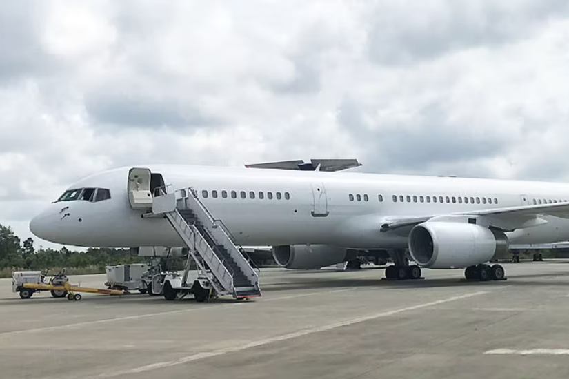 Jeffrey Epstein's boeing 727 on an airport apron.