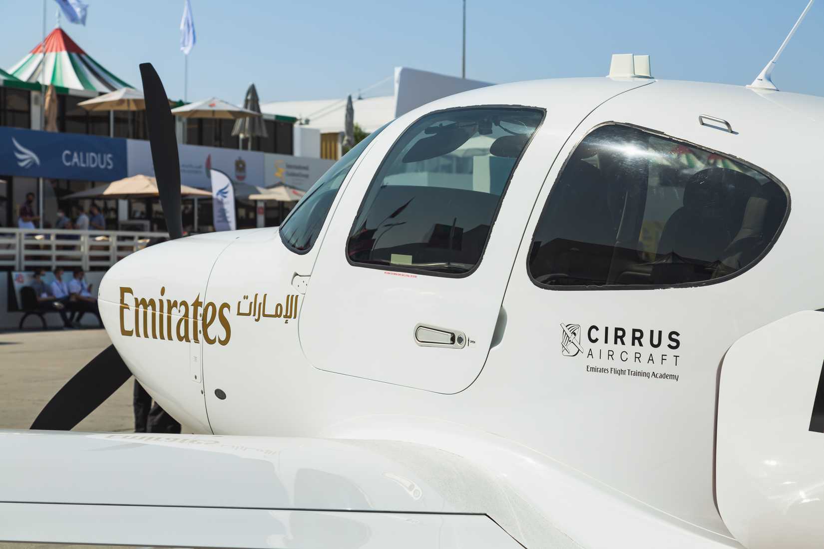 An Emirates Cirrus SR22 parked on display.