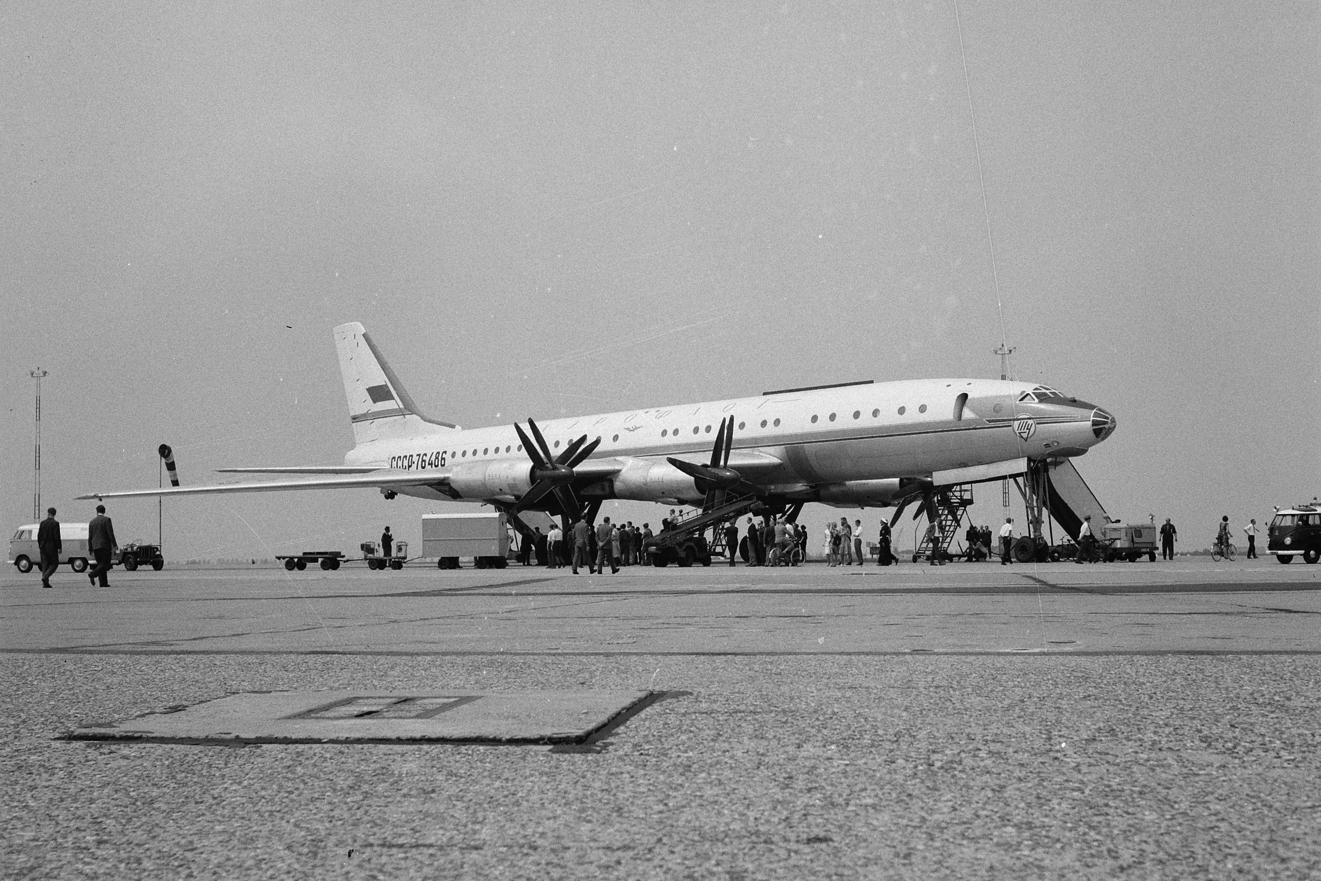 An Aeroflot Tupolev Tu-114 on an airport apron.