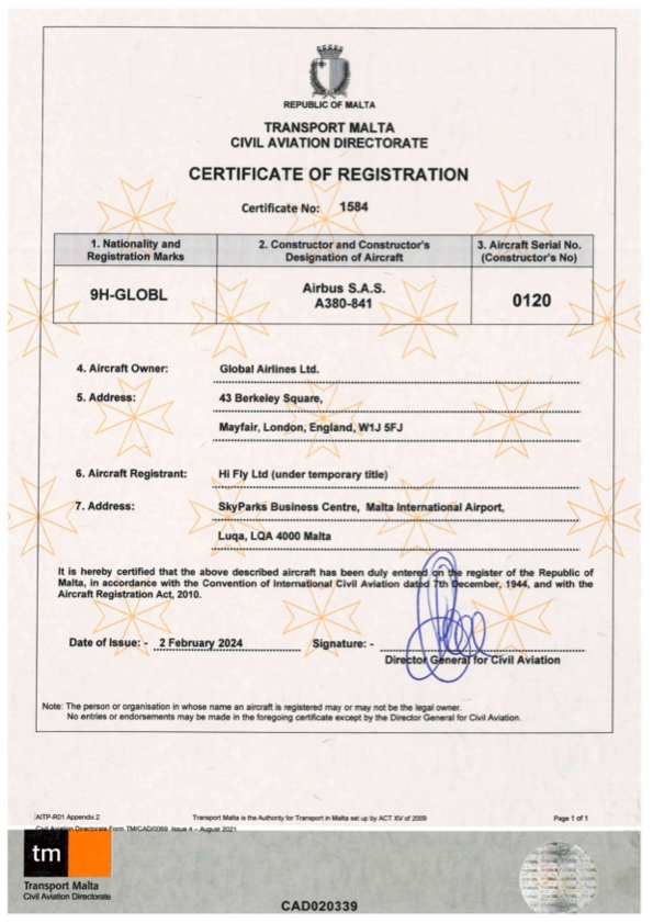 9H-GLOBL CofR No. 1584