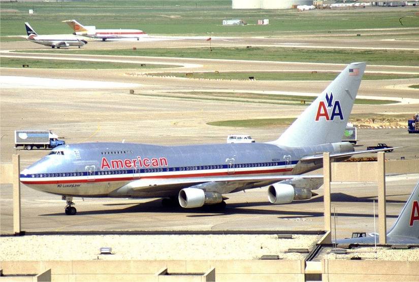 An American Airlines Boeing 747 on an airport apron.