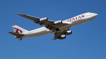 Qatar Airways Cargo Boeing 747-8F departing Luxembourg shutterstock_1669338214
