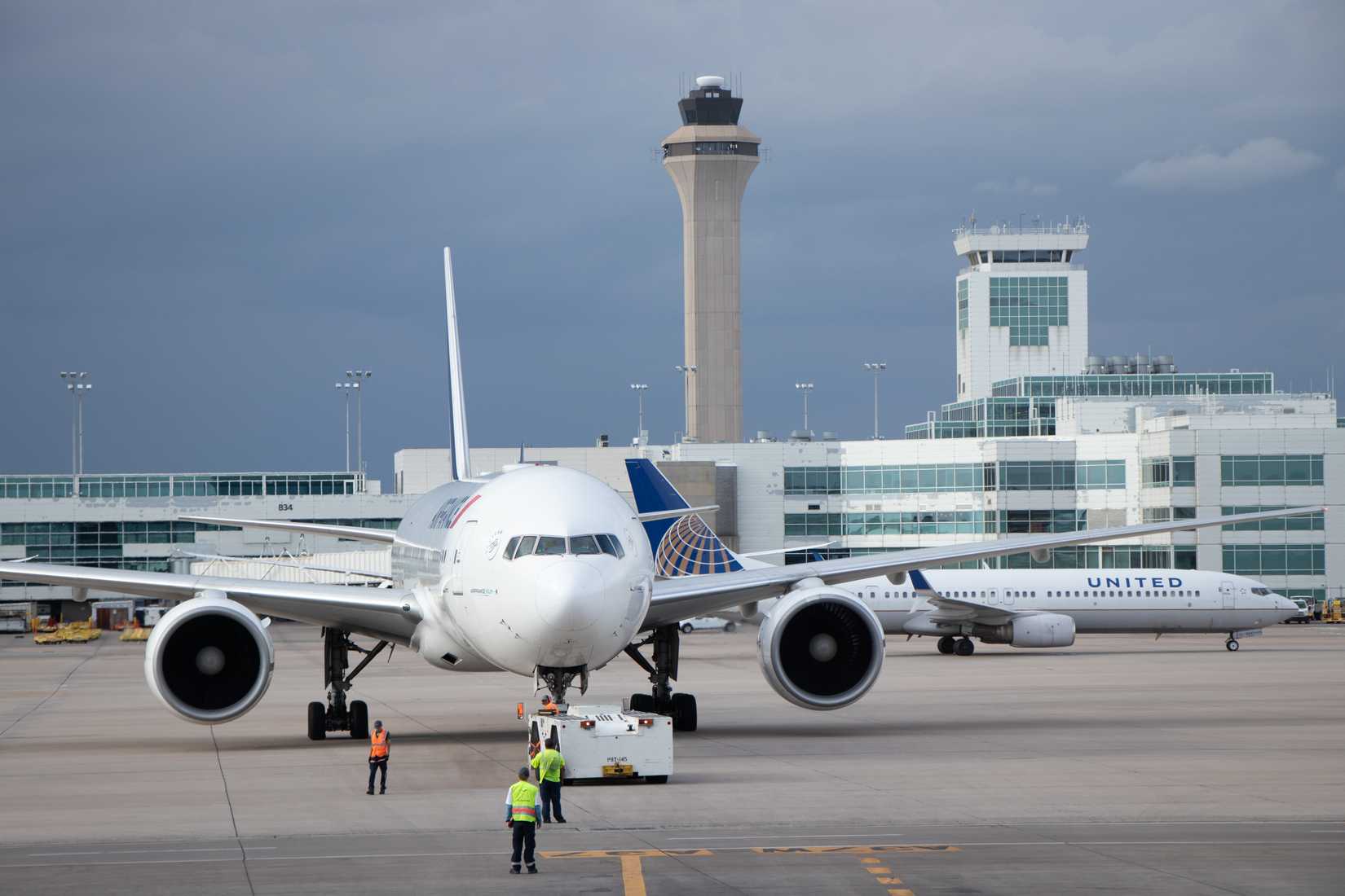 Air France Boeing 777 and United Airlines 737-800 at Denver International Airport DEN shutterstock_2201348533