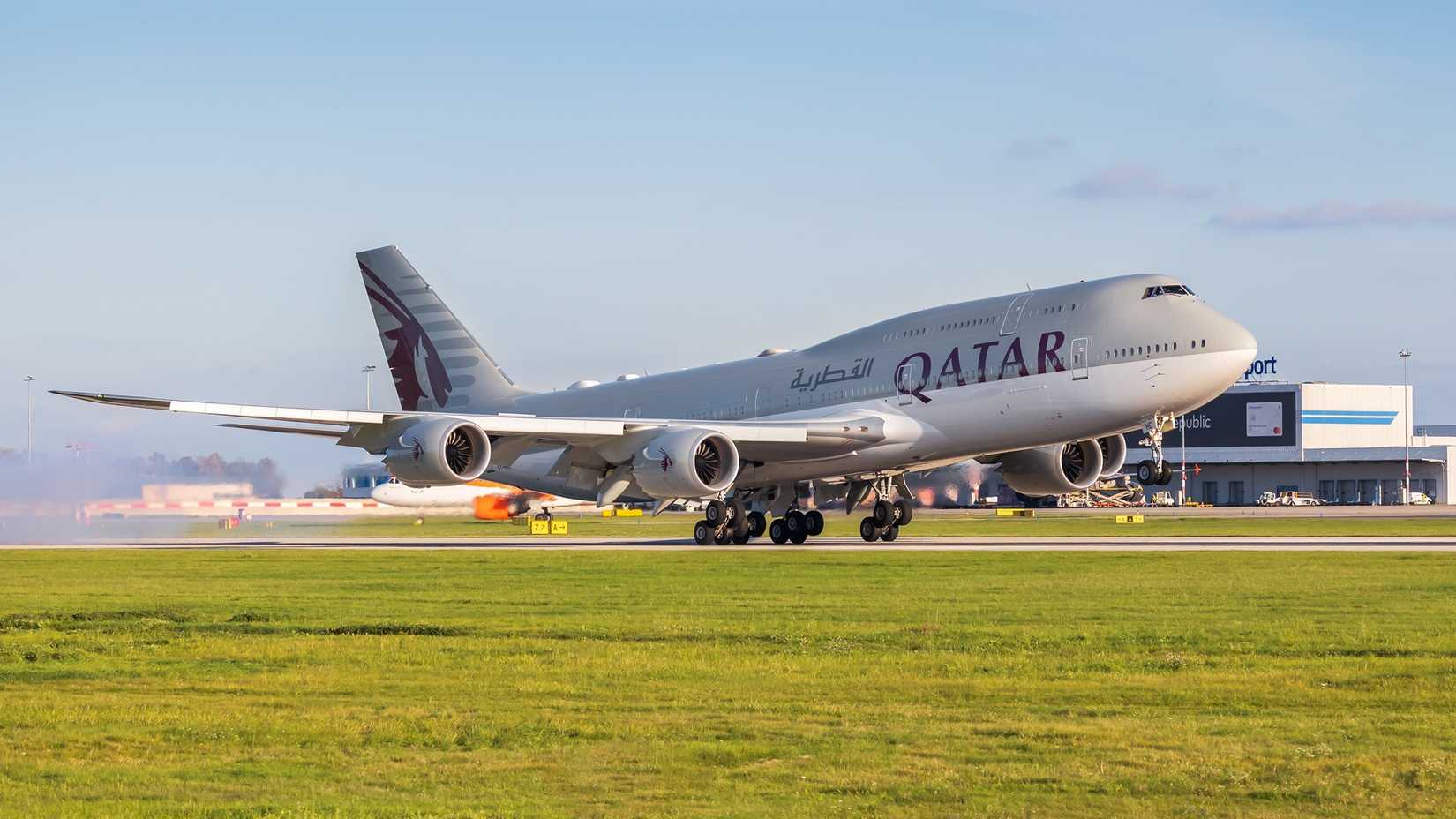 A Qatar Amiri Flight BBJ Boeing 747-8 departing Prague Airport.