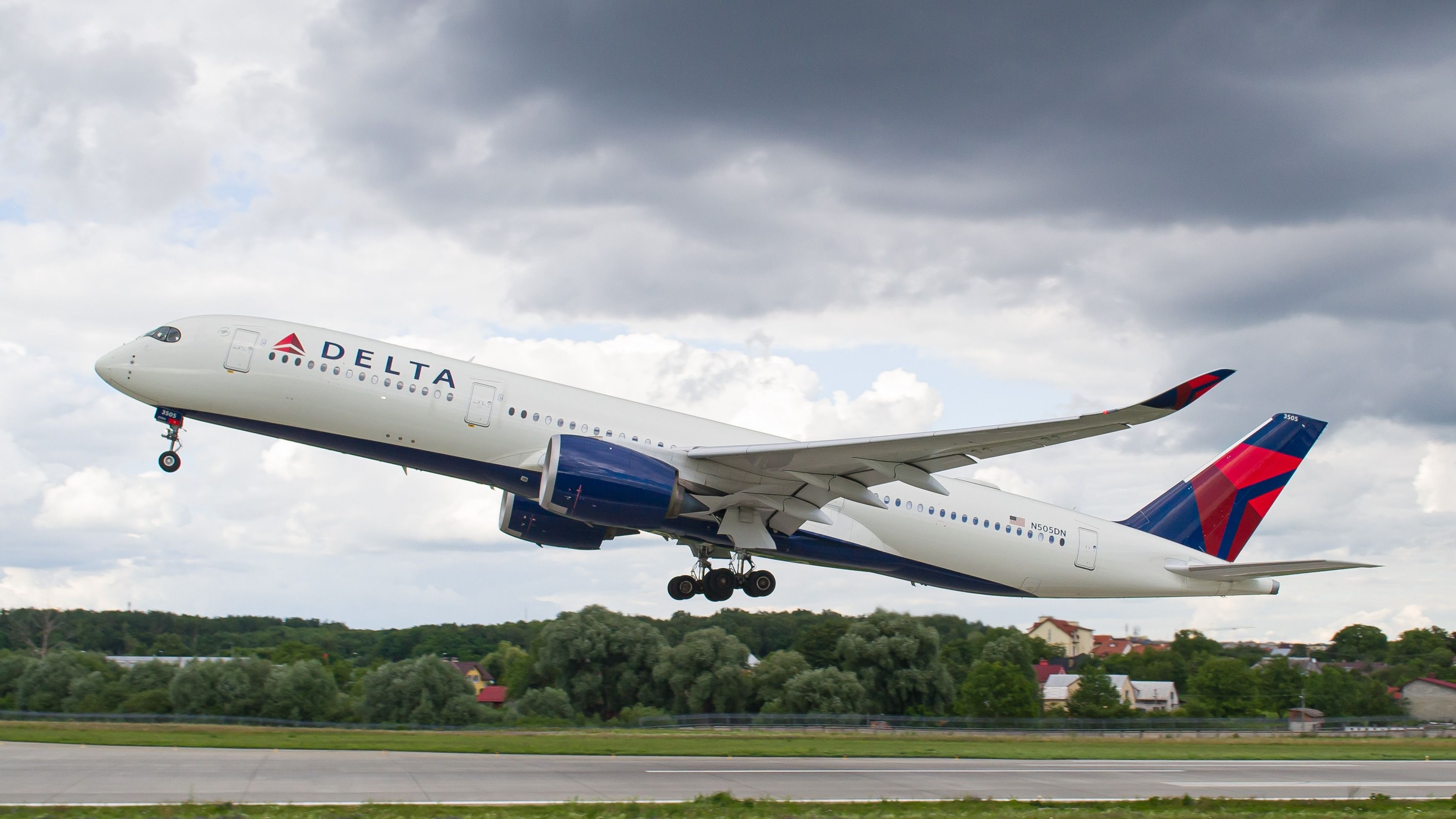 Delta Air Lines Airbus A350-900 aircraft taking off from Lviv Airport.