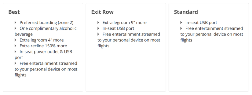 Sun Country Airlines seat options