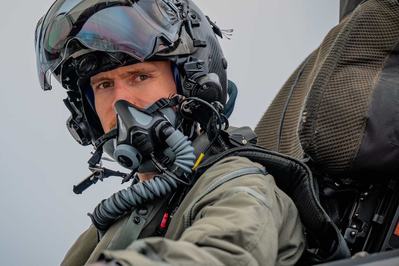 A closeup photo of a pilot in the cockpit of an F-35A Lightning II.