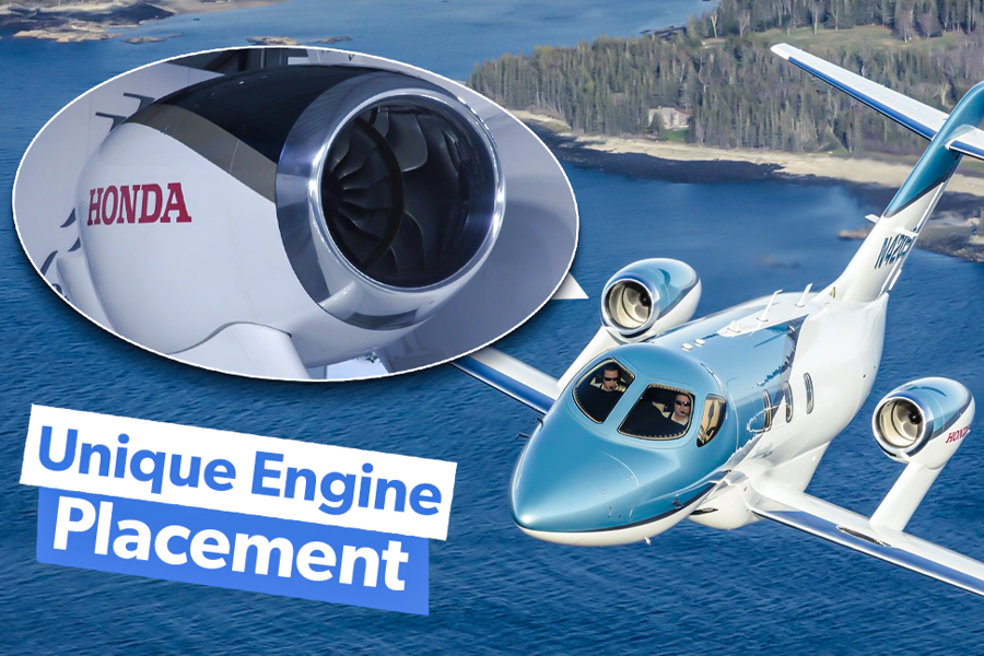 A HondaJet flying near a coastal area.