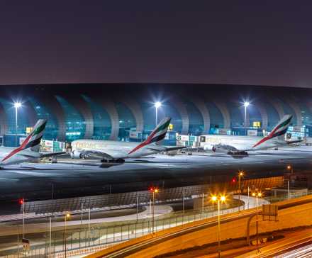 Emirates Airbus A380s at Dubai International Airport DXB shutterstock_1994899532