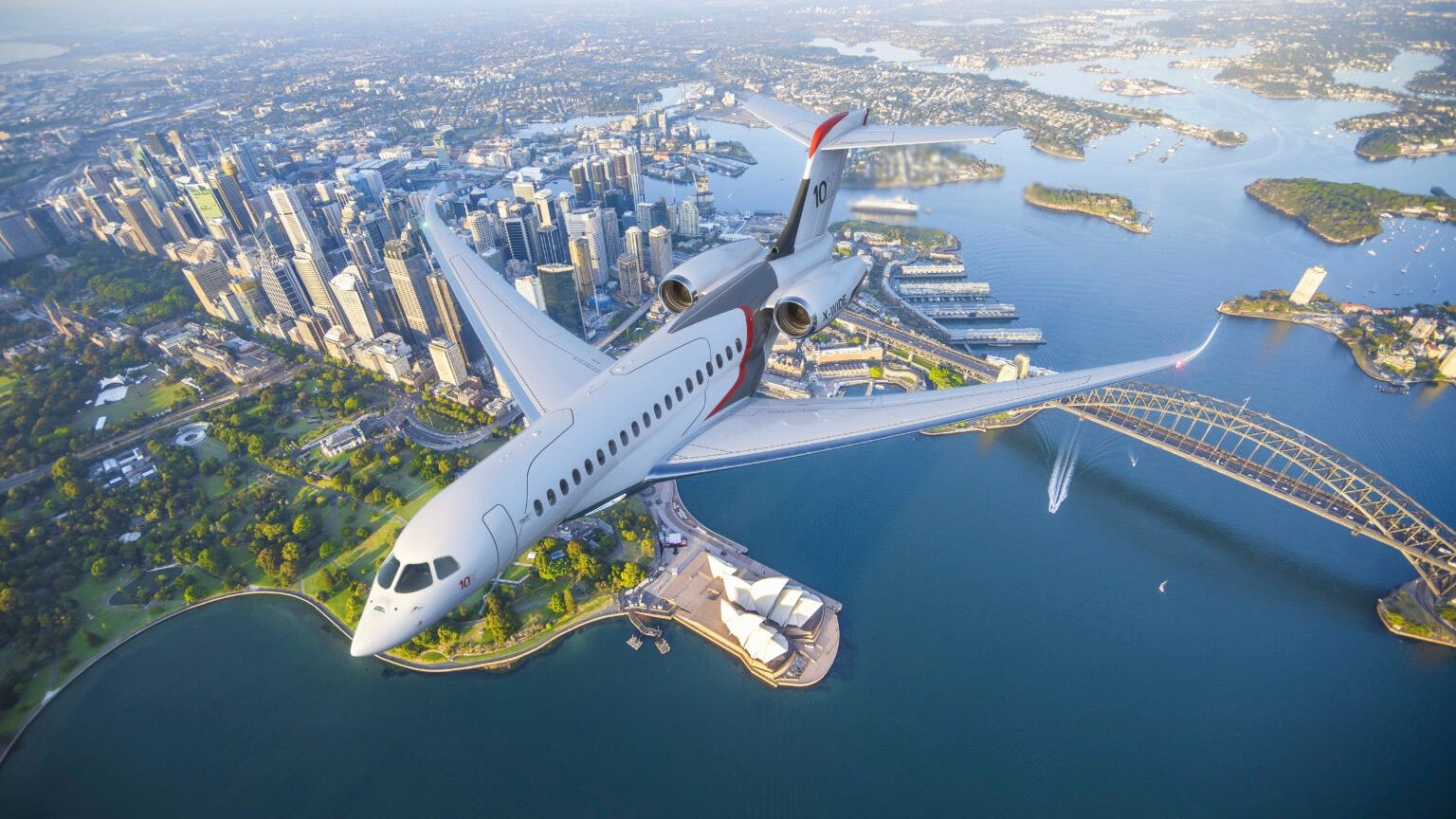 A Dassault Falcon10X flying over Sydney.