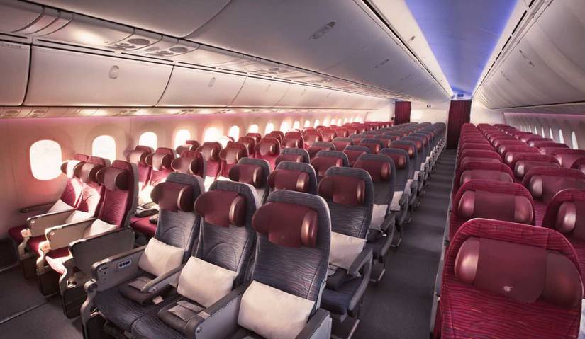 The Qatar Airways Boeing 787-9 Economy Class Cabin.