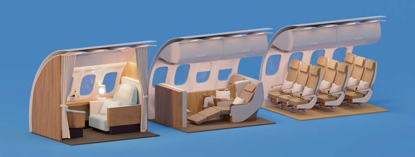 First class, business class, and economy class in airplane cabin