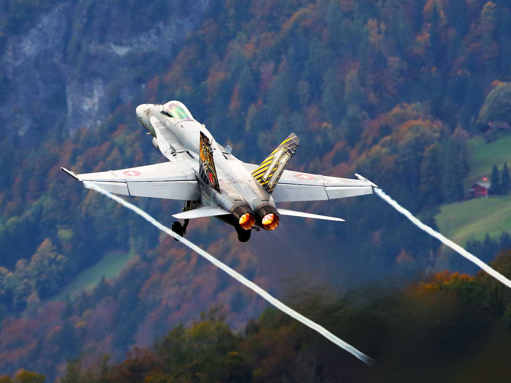 Rising Swiss F/A-18 Hornet on afterburner & vapes
