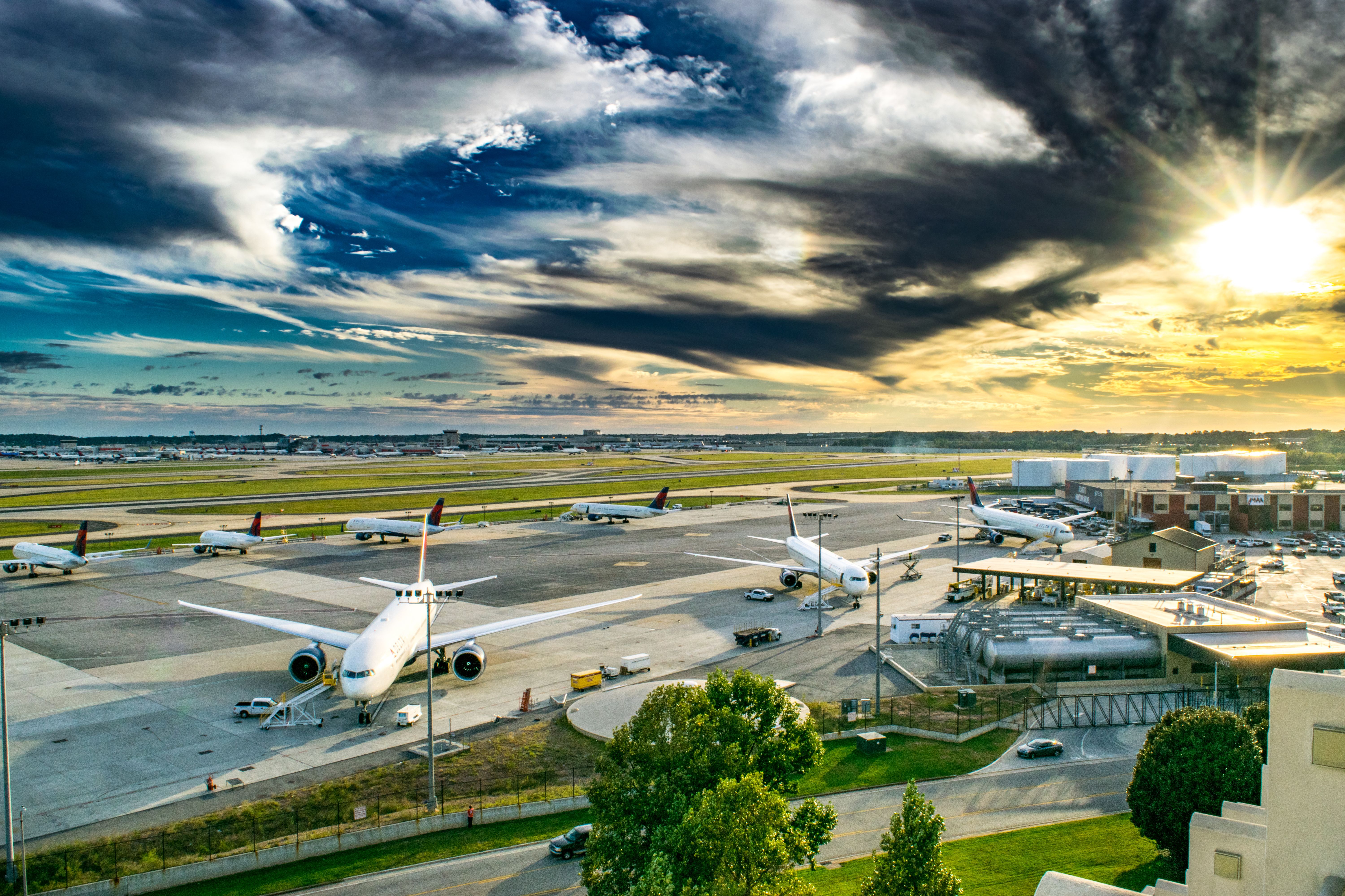 A Delta Air Lines Boeing 777-200LR and other Delta commercial airliners parked at ATL