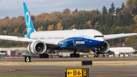 Boeing 777X landing at BFI shutterstock_1846883377