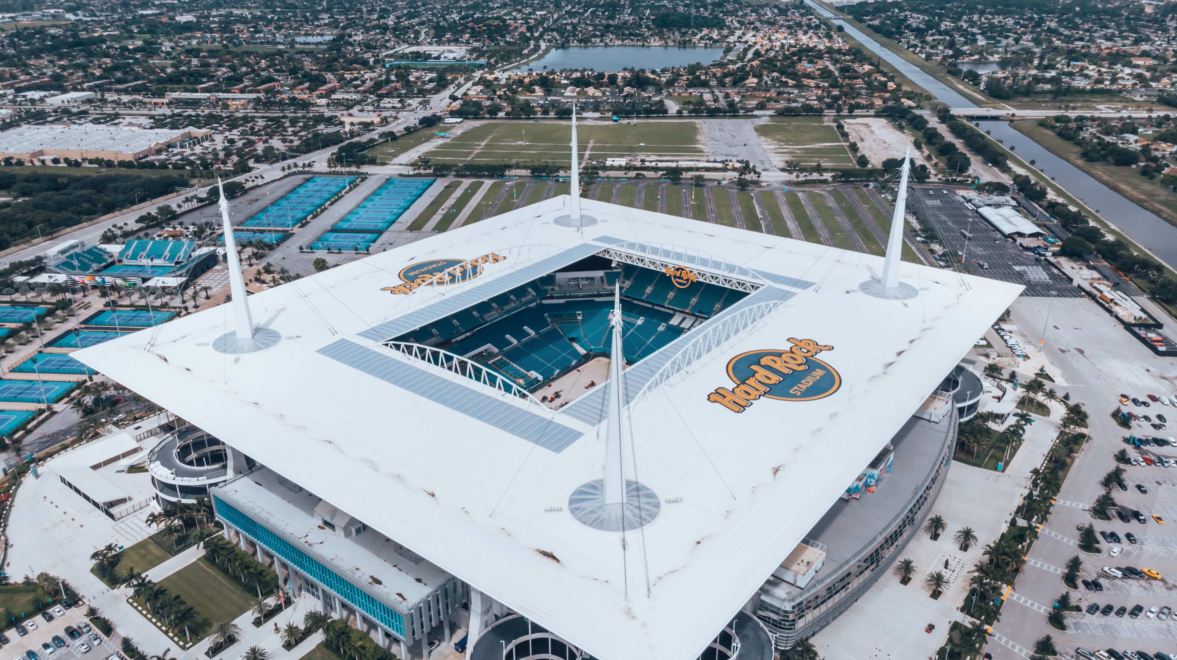 erial view, drone photography of Hard Rock Stadium located in Miami Gardens. Home stadium of the Miami Dolphins. 