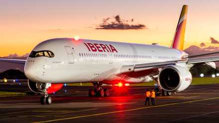 An Iberia Airbus A350 widebody at an airport