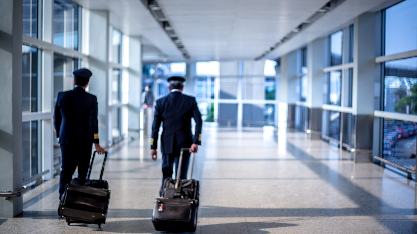 Pilots walking down a concourse with bags in-hand.