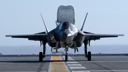 F-35B Lightning II aircraft, flown by a test pilot from Air Test and Evaluation Squadron Two Three (VX-23), lands aboard Japan’s Izumo-class multi-functional destroyer JS Kaga