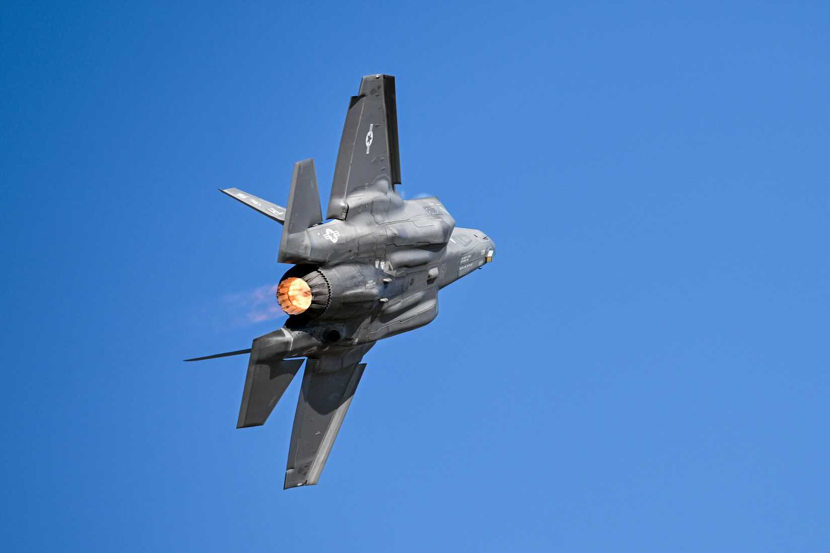Maj. Melanie Kluesner demonstrates the abilities of an F-35A Lightning II during an air show demonstration team practice at Hill Air Force Base, Utah, Oct. 15, 2024
