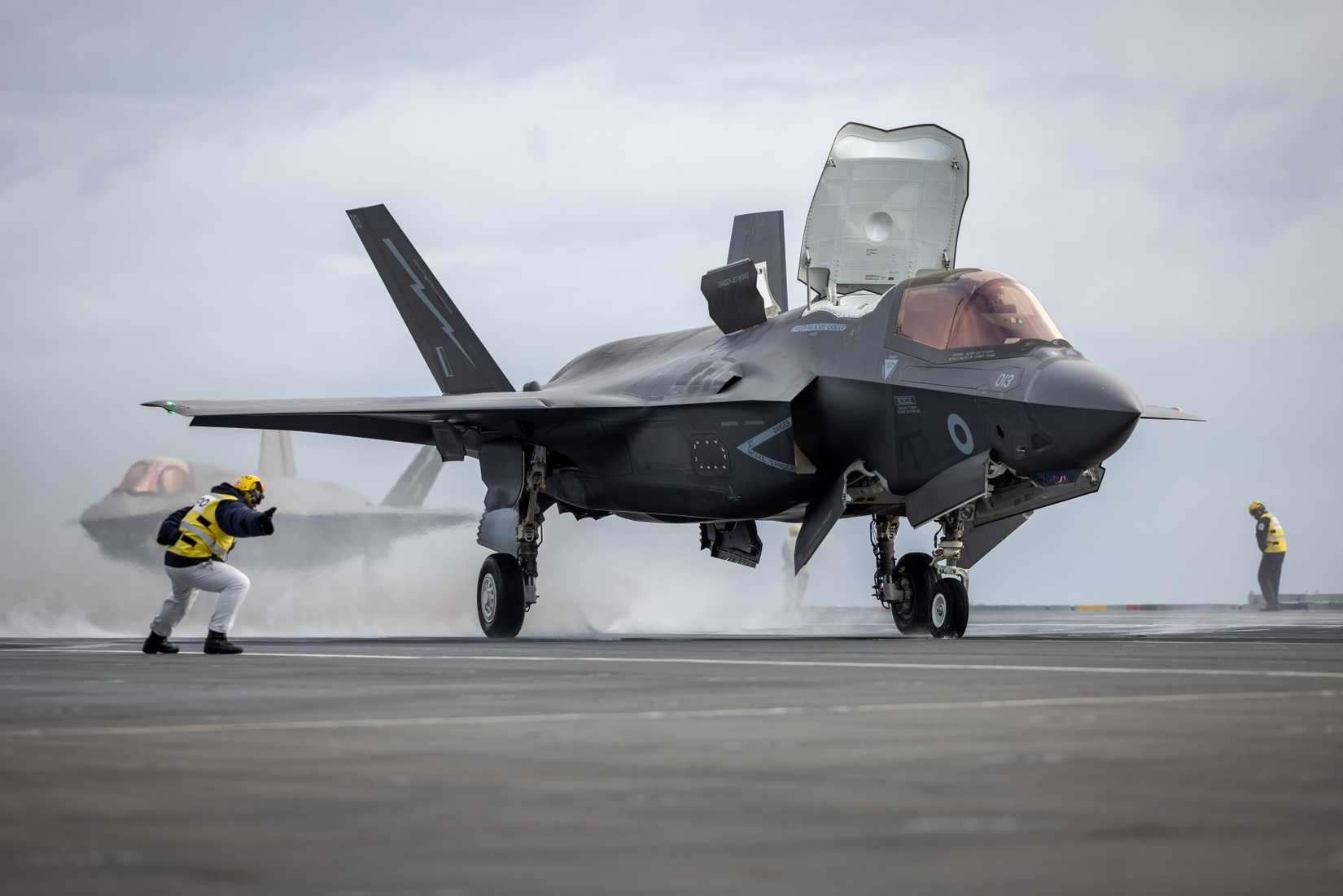 MRM-20241028-0891-0057-F-35 Departures-0221 - F-35B Lightning jet launches from HMS Prince of Wales, to return to RAF Marham. On 28 October 2024, F-35 Lightning jets depart HMS Prince of Wales after Exercise STRIKE WARRIOR, to return to their home base, RAF Marham. (Royal Navy F-35B)