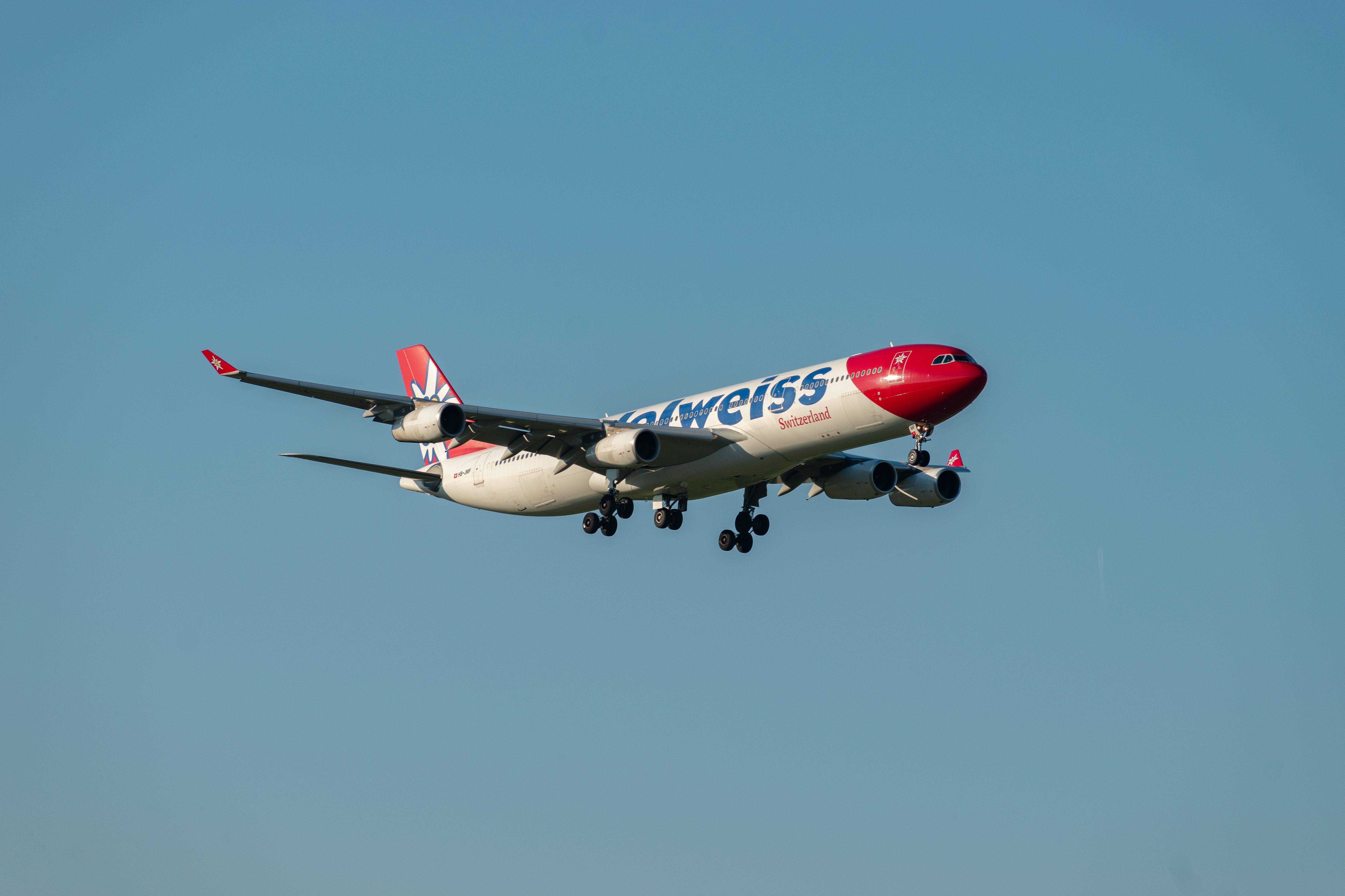 Zurich, Switzerland, September 6, 2023 HB-JMF Edelweiss Air Airbus A340-313X aircraft is arriving on runway 14