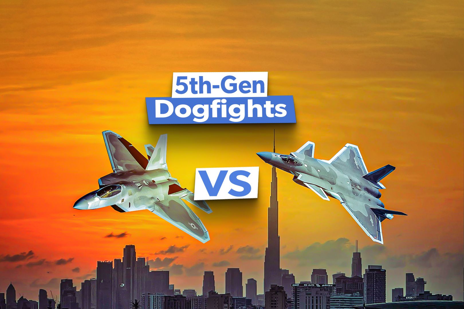 F-22 Raptor and J-20 flying above city sky line