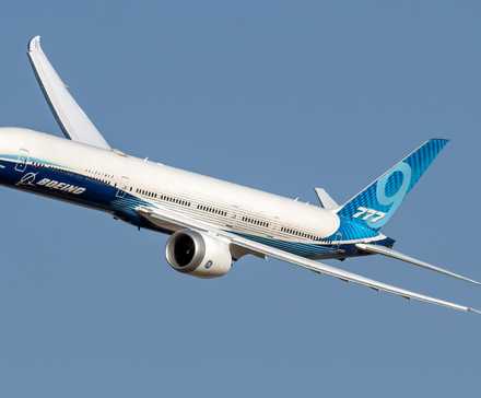 Boeing 777X performing during the Dubai Airshow 2023 shutterstock_2420198461