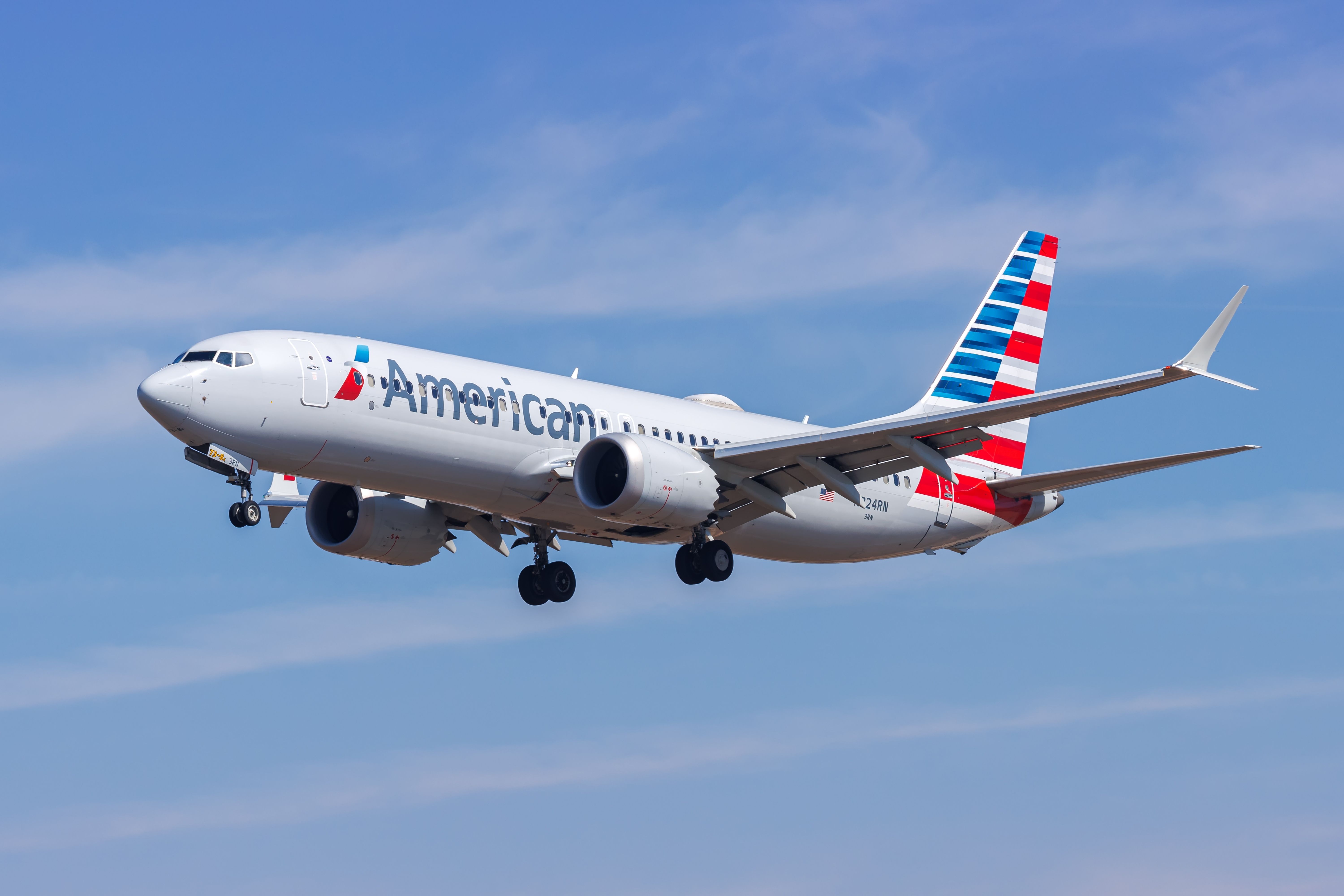 American Airlines Boeing 737 MAX 8 landing at LAX shutterstock_2559093519