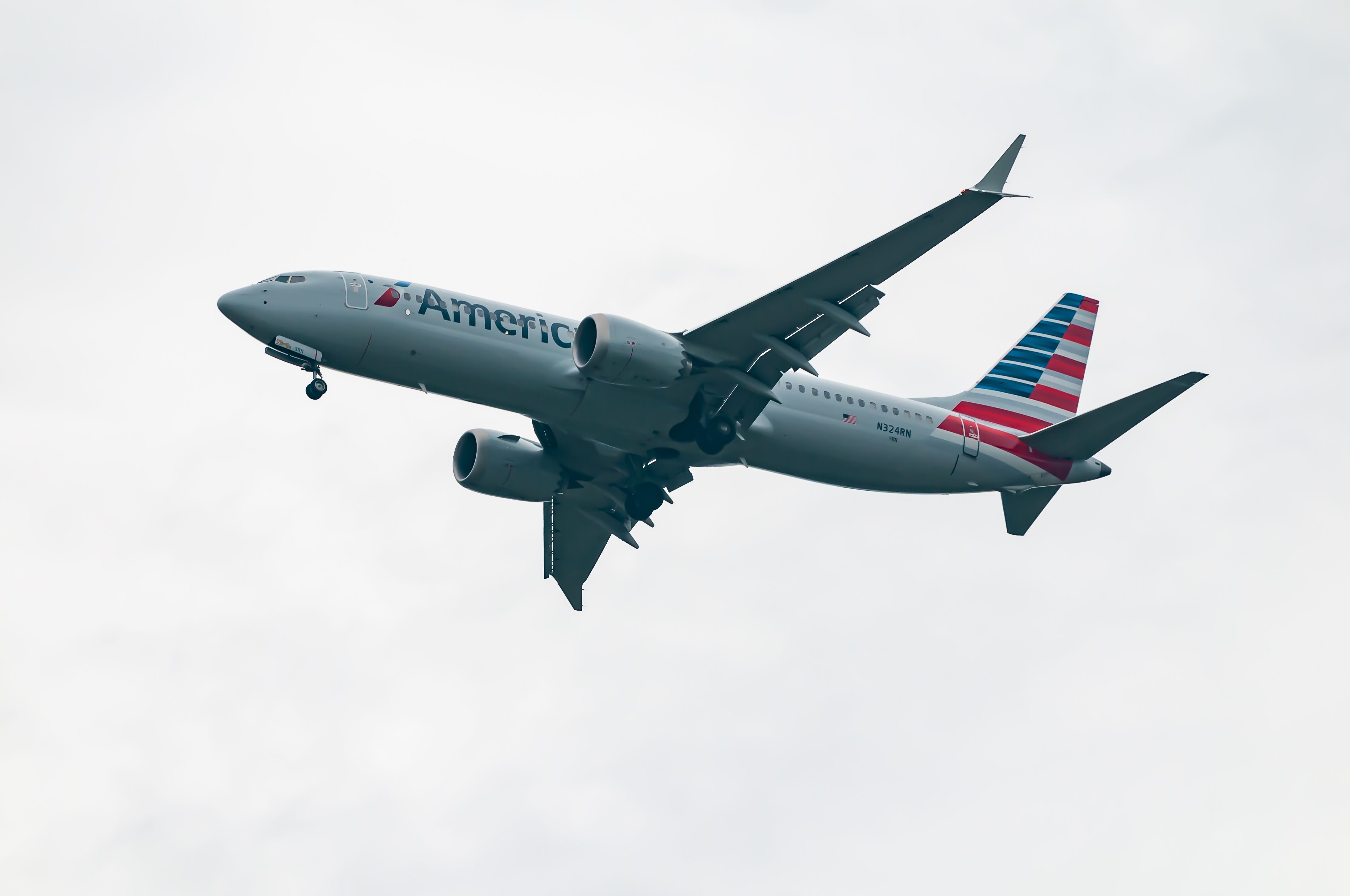 American Airlines Boeing 737 MAX 8 landing at Washington Ronald Reagan National Airport DCA shutterstock_1594643176
