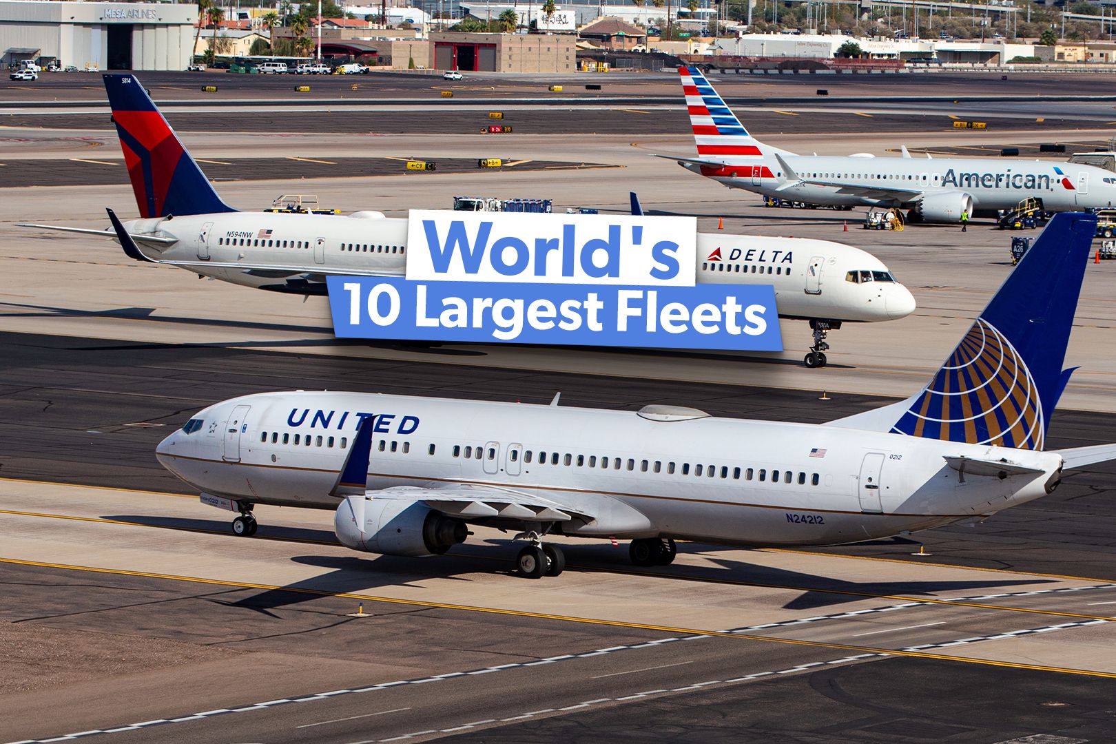 Photo of United, Delta, and American Airlines passenger planes at Phoenix Sky Harbor International Airport 