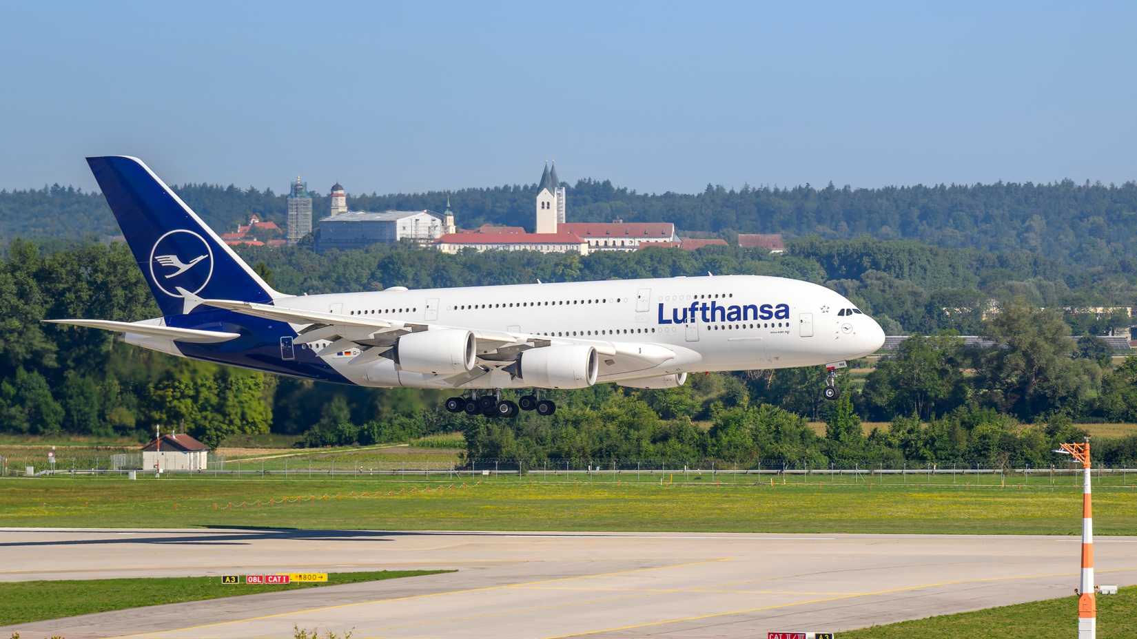 Lufthansa Airbus A380 landing at MUC shutterstock_2365822593