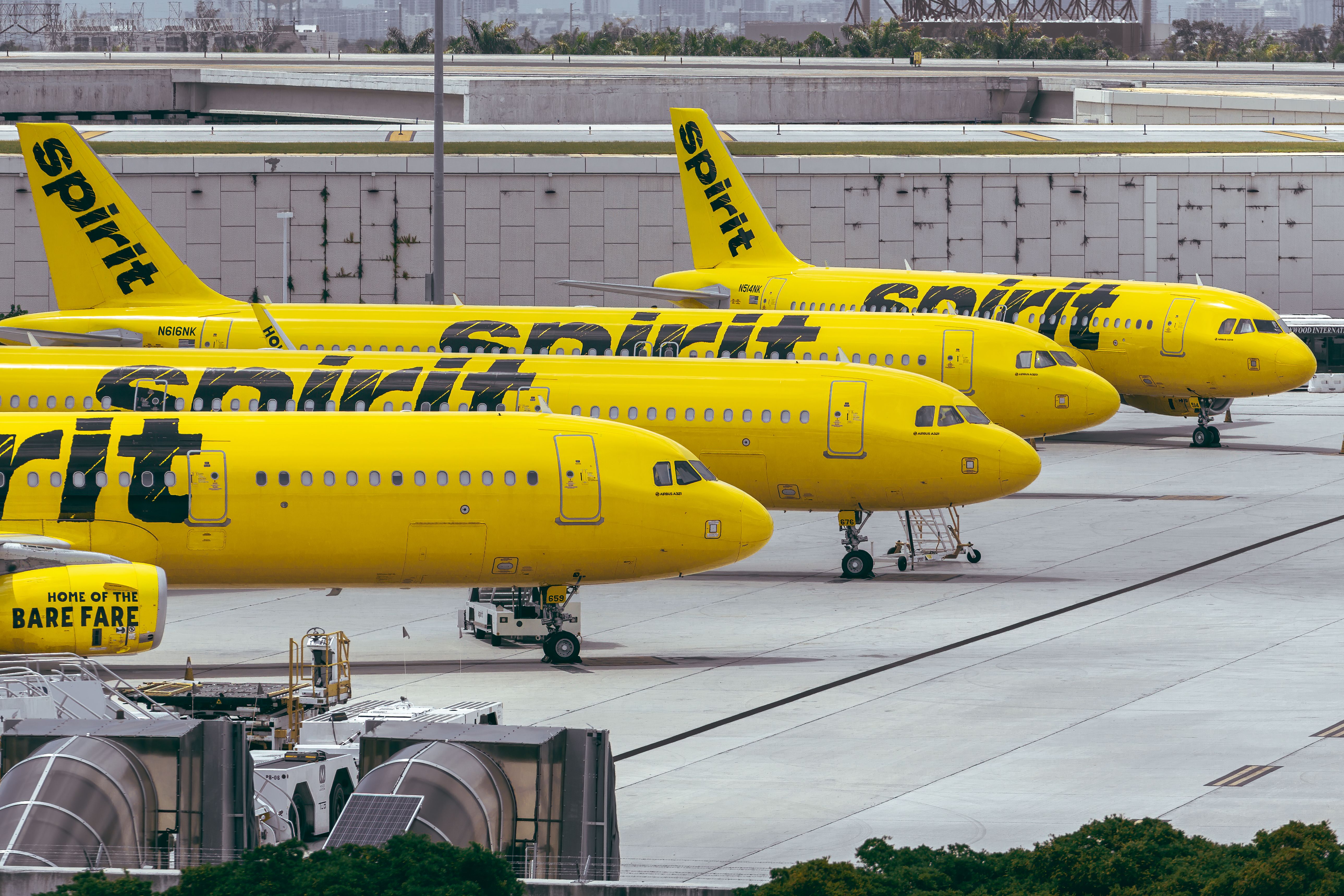 Spirit Airlines Airbus aircraft at Fort Lauderdale Hollywood International Airport FLL shutterstock_1769559506
