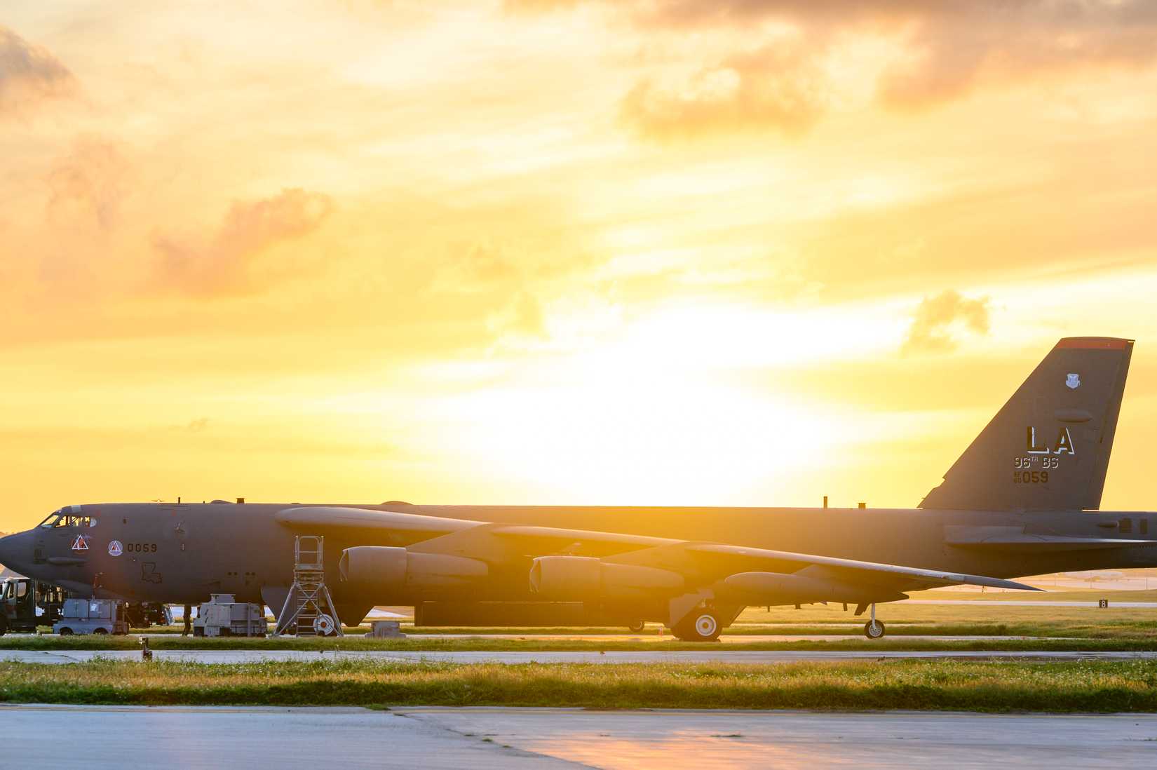 96th Expeditionary Aircraft Maintenance Squadron Airmen perform maintenance on a U.S. Air Force B-52H Stratofortress assigned to Barksdale Air Force Base, La.