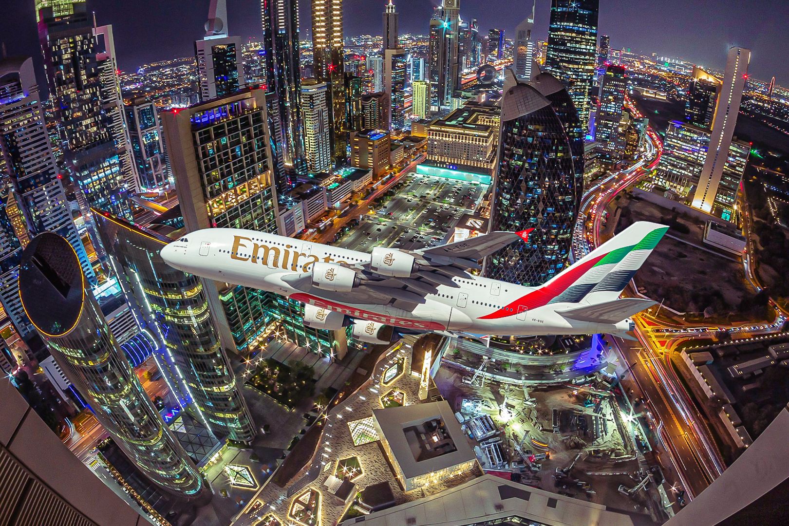 Emirates A380 flying over Dubai