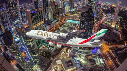 Emirates A380 flying over Dubai