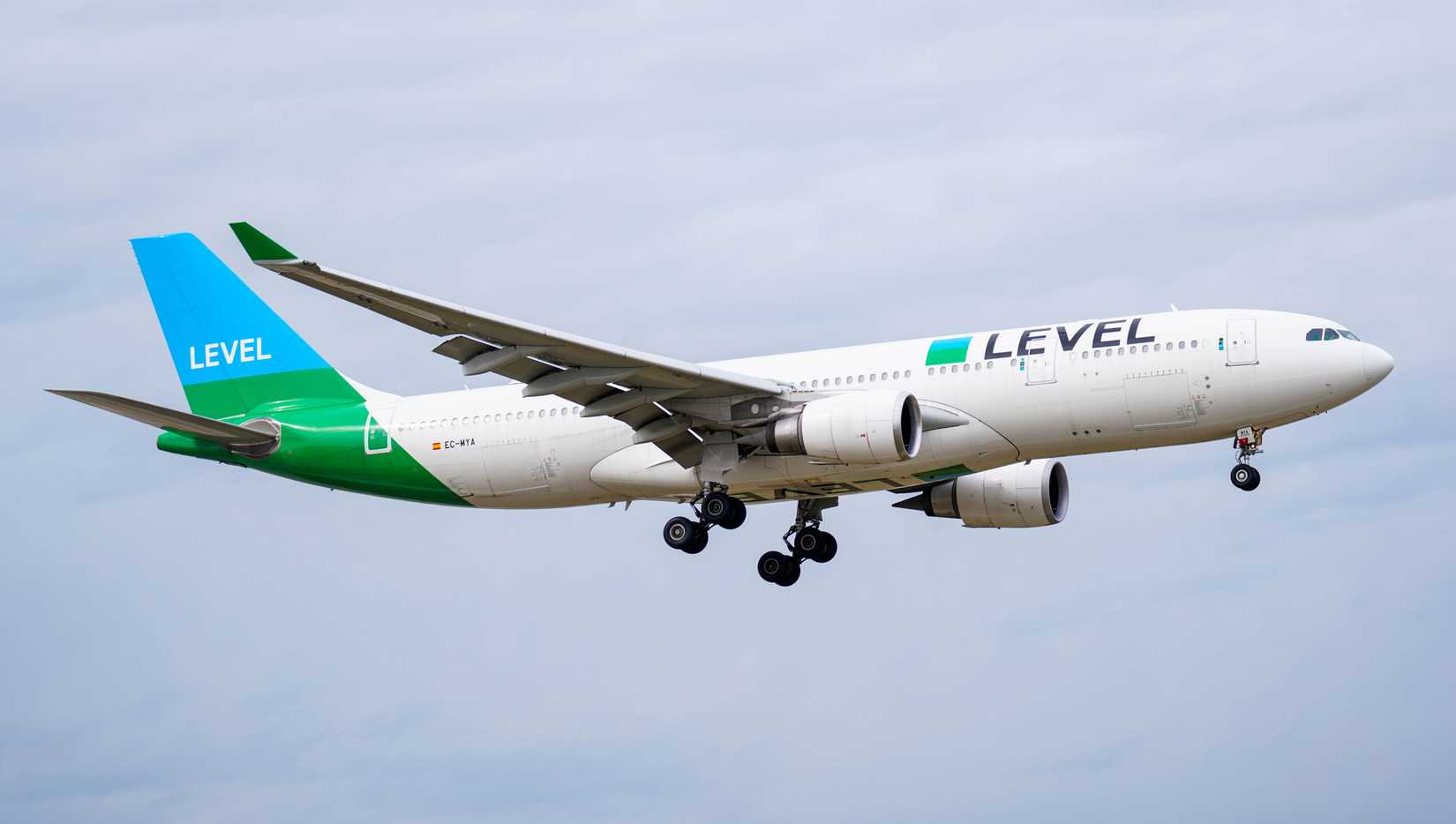 LEVEL Airbus A330 landing at ORD shutterstock_2454802803